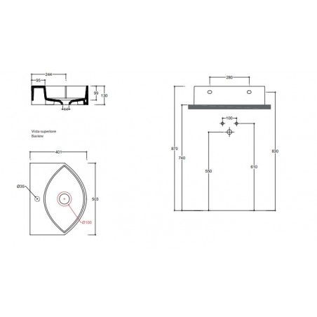 VALDAMA Occhio - Lavabo in ceramica da appoggio e sospeso 50 x 40 h13. Senza foro