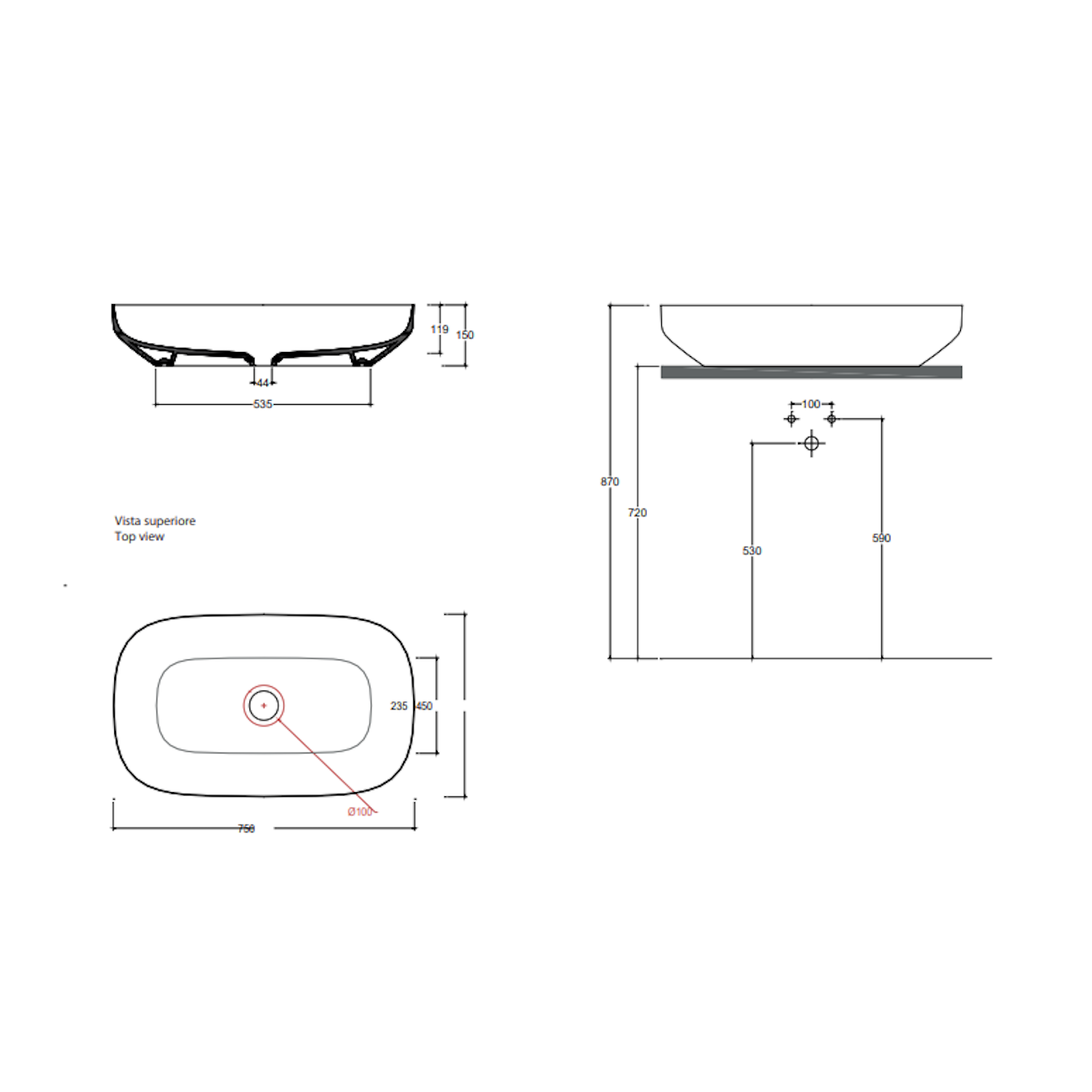 VALDAMA Top - Lavabo in ceramica da appoggio 75 x 45 h15