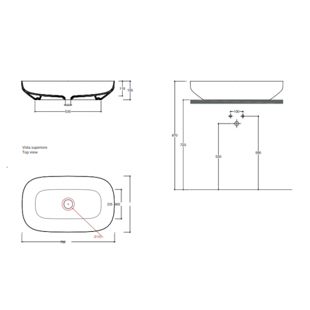 VALDAMA Top - Lavabo in ceramica da appoggio 75 x 45 h15