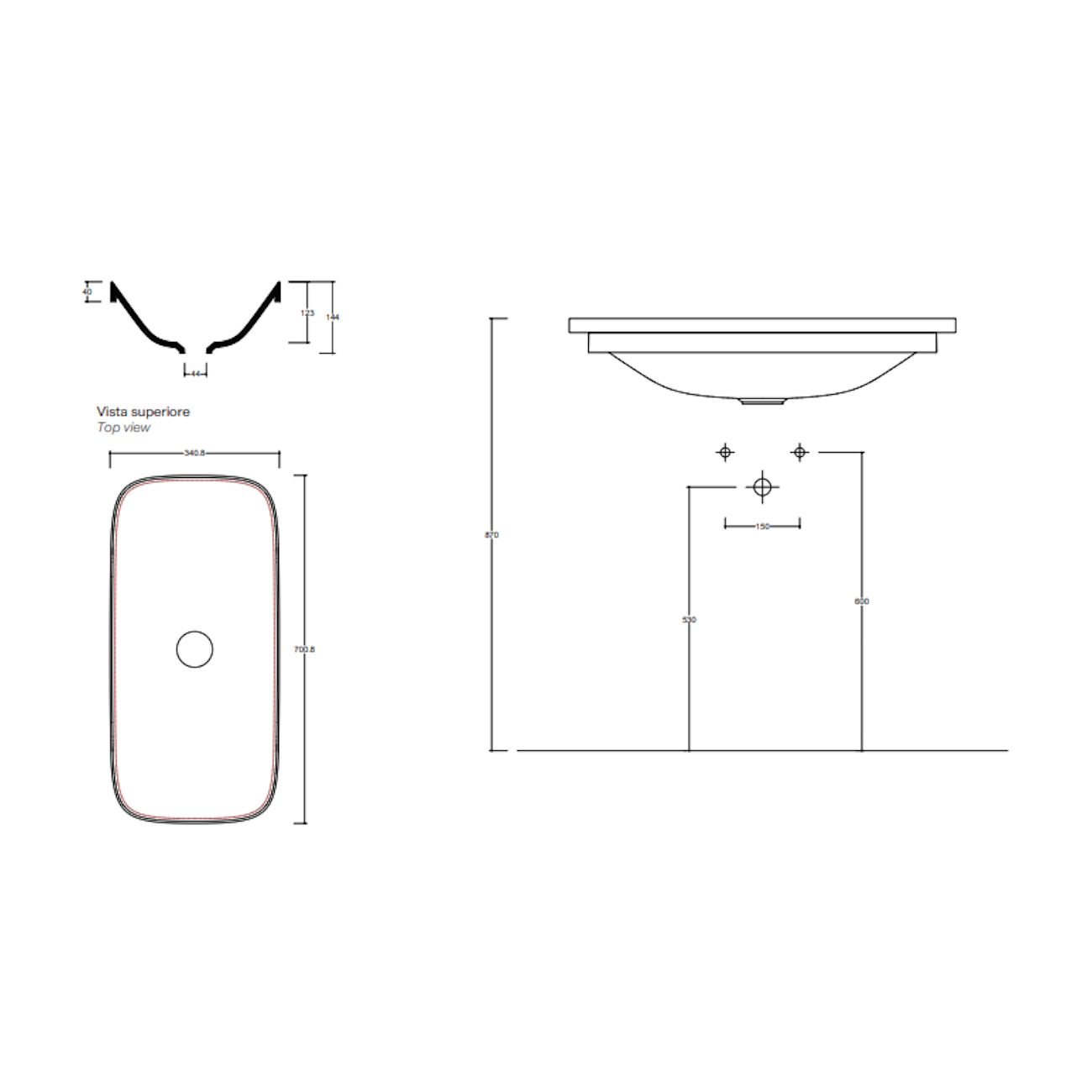 VALDAMA ALVEO - Lavabo in ceramica sottopiano 70 x 34