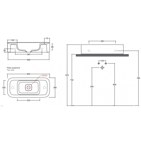 VALDAMA Cameo - Lavabo in ceramica da appoggio e sospeso. 60 x 28 h12.