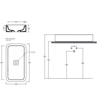 VALDAMA Cameo -  Lavabo en céramique de table 75 x 40 h14, tout en