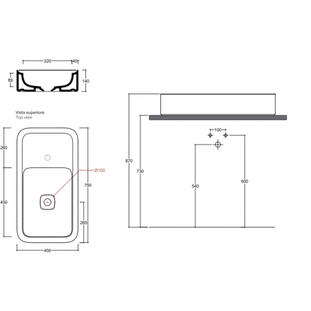 VALDAMA Cameo -  Lavabo en céramique de table 75 x 40 h14 plateau 26