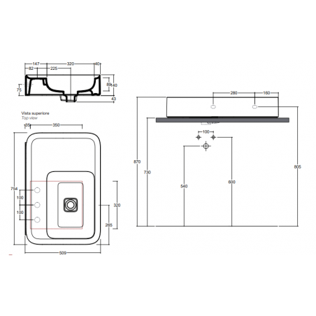 VALDAMA Cameo - Lavabo in ceramica da appoggio e sospeso 75 x 50 h14 piano 26.