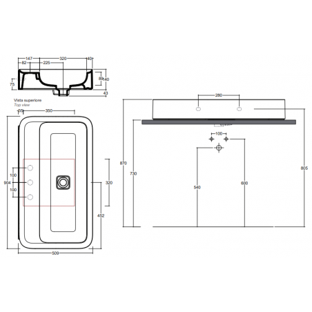 VALDAMA Cameo - Lavabo in  ceramica da appoggio e sospeso 90 x 50 h14
