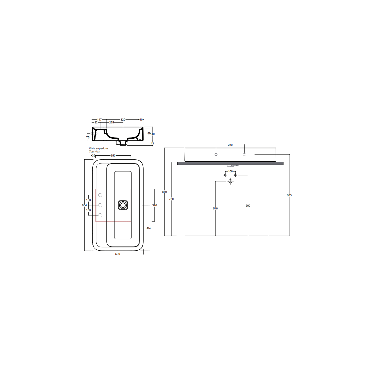 VALDAMA Cameo -Lavabo en céramique à poser et suspendu 90 x 50 h14. Lavabo avec 3 trous