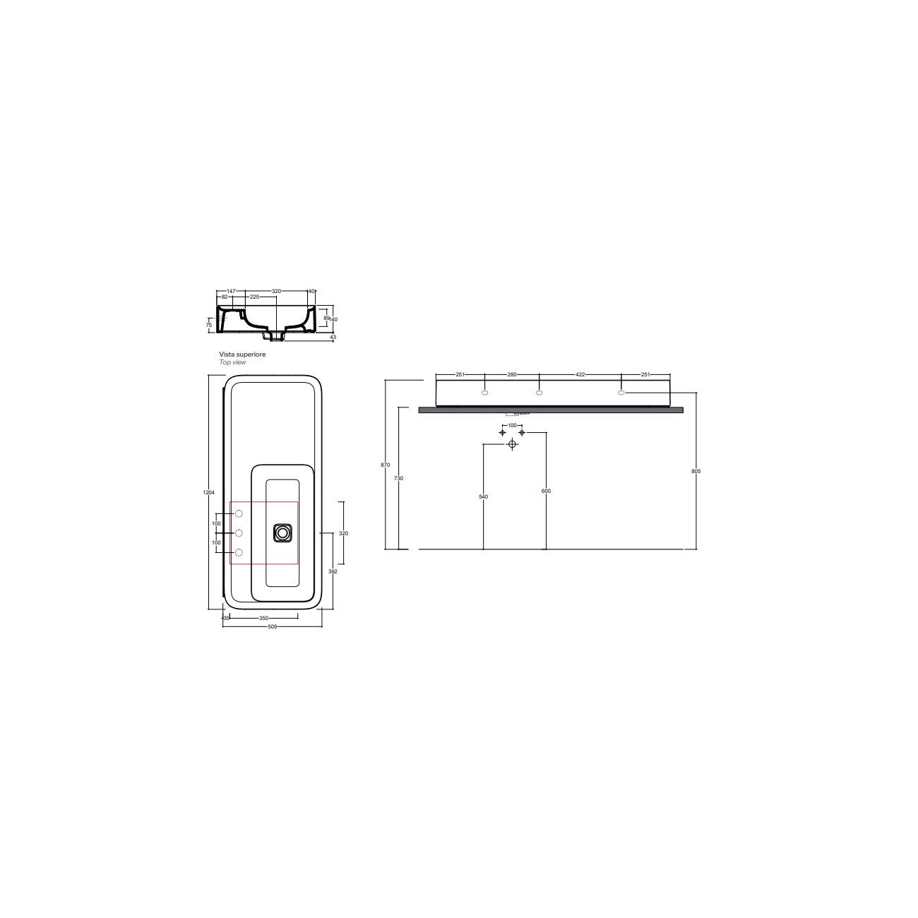 VALDAMA Cameo - Lavabo in ceramica da appoggio e sospeso 120 x 50 h14. Lavabo con 3 fori.