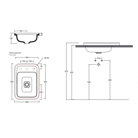 VALDAMA Cameo -  Lavabo en céramique encastrable 55 x 38 h4. Lavabo avec 3 trous