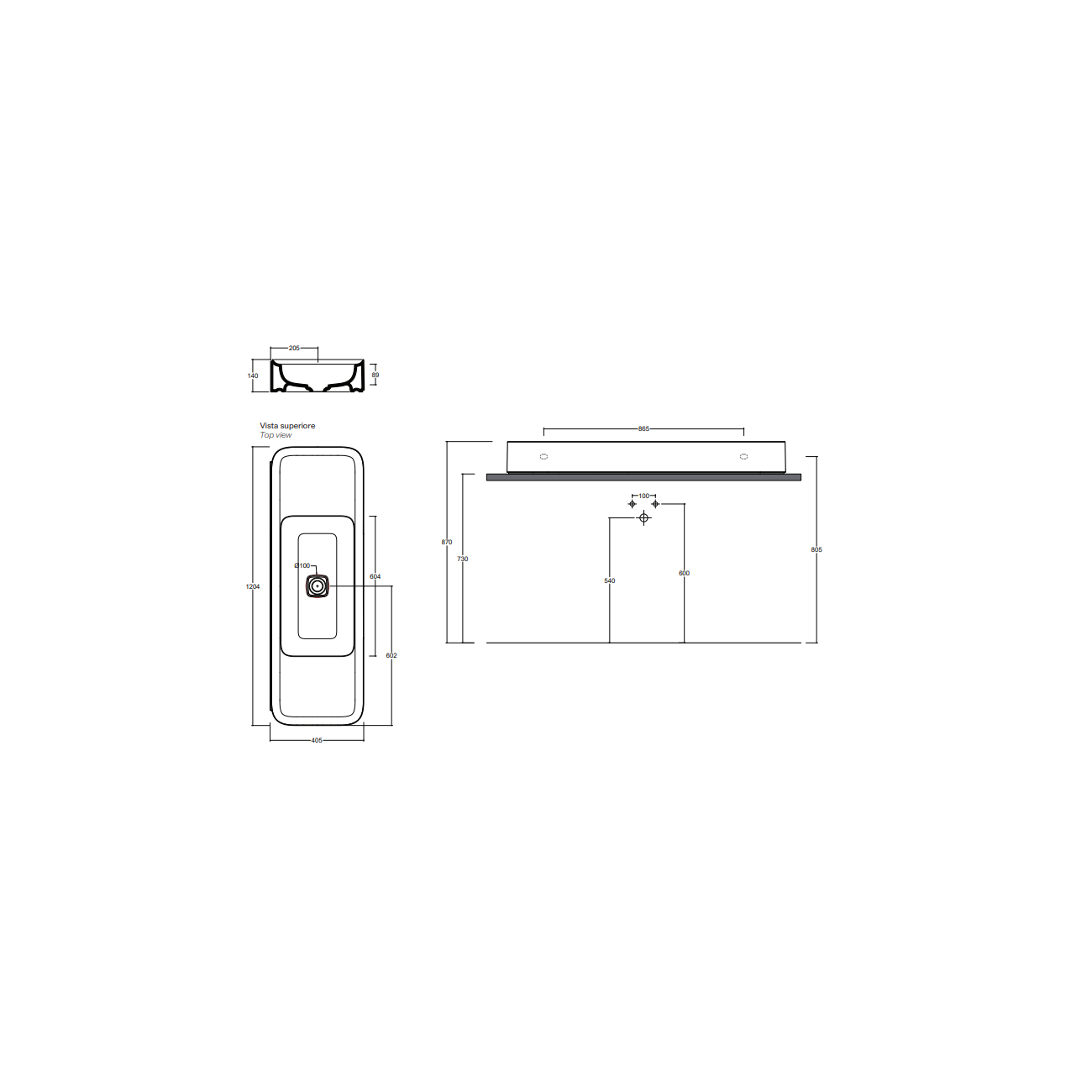 VALDAMA Cameo - Lavabo en céramique à poser et suspendu 120 X 40 h14. Évier avec 3 trous