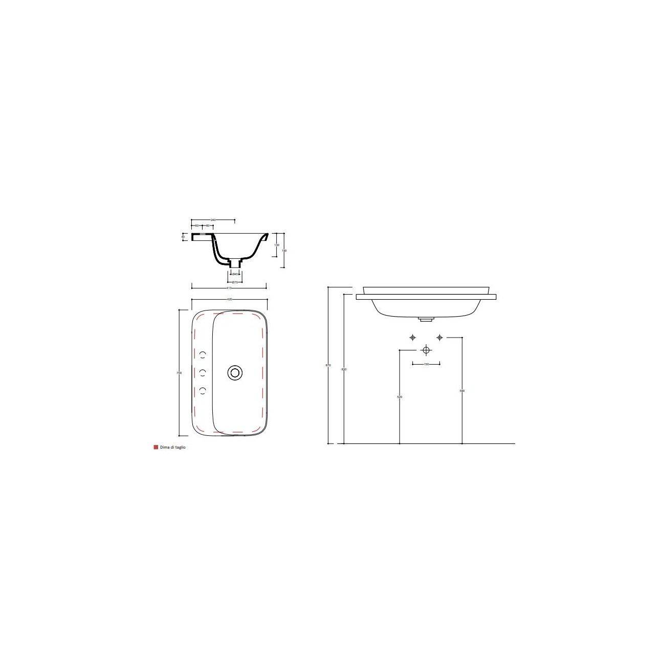 VALDAMA Soul -  Lavabo in ceramica da incasso 70 x 42 h4