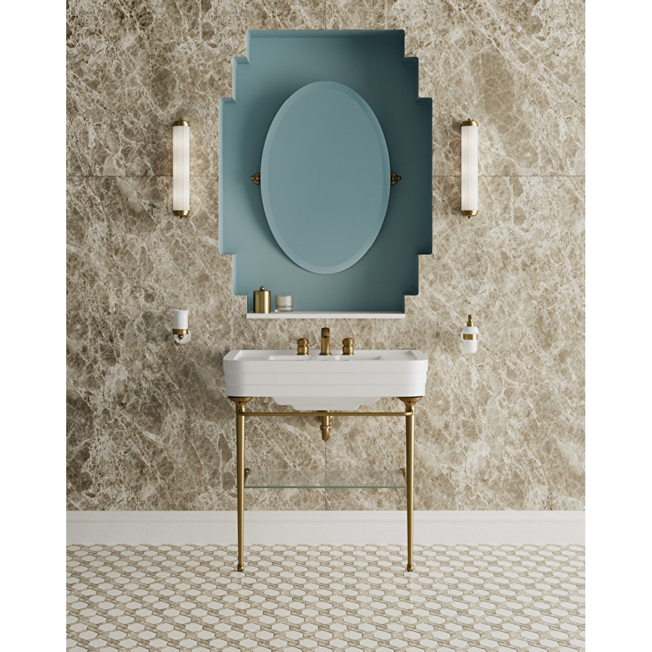 Devon&Devon NOBEL, Console with white ceramic top, metallic structure and glass storage shelf