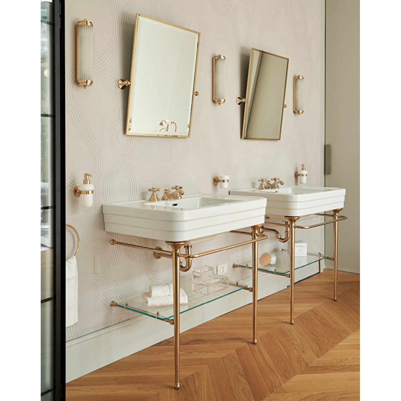 Devon&Devon NOBEL, Console with white ceramic top, metallic structure and glass storage shelf