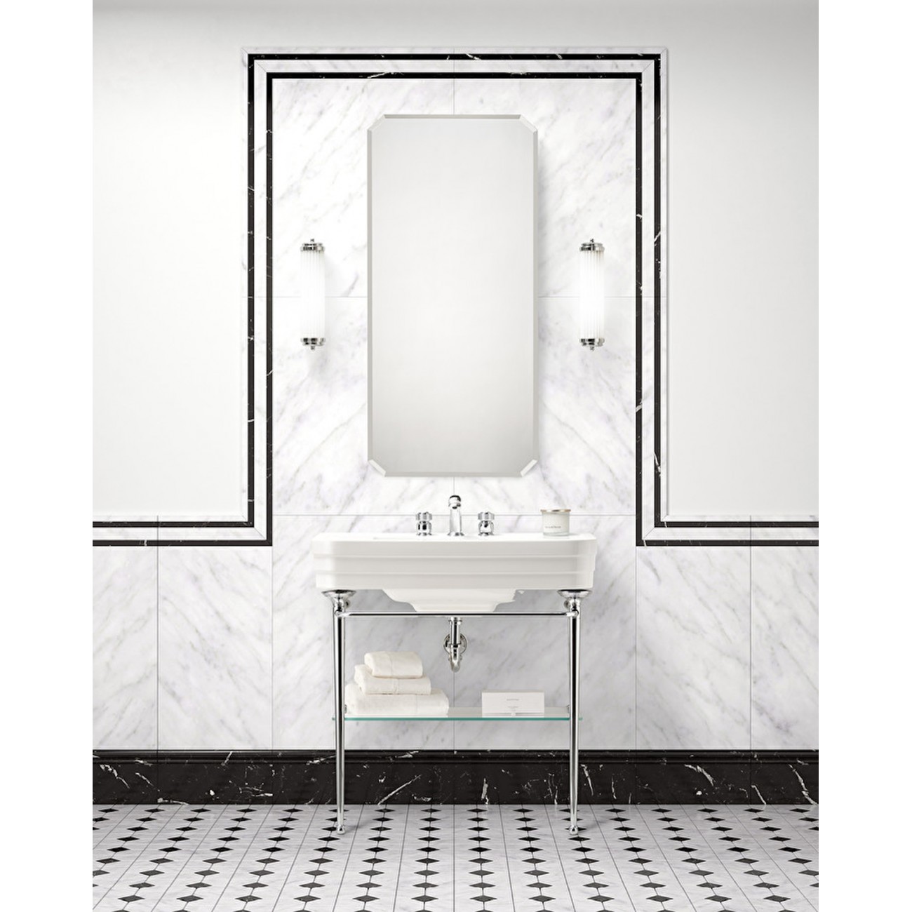 Devon&Devon NOBEL, Console avec plateau en céramique blanche, structure métallique et étagère en verre