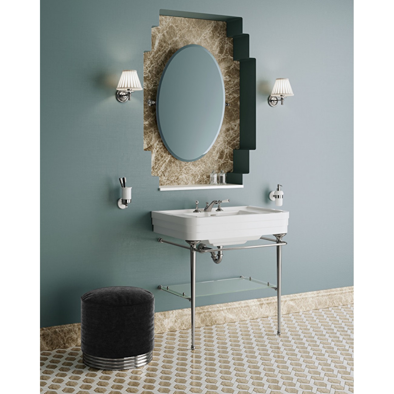 Devon&Devon NOBEL, Console with white ceramic top, metallic structure and glass storage shelf