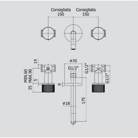 PAFFONI - Jo, Wall mounted sink mixer 3 holes