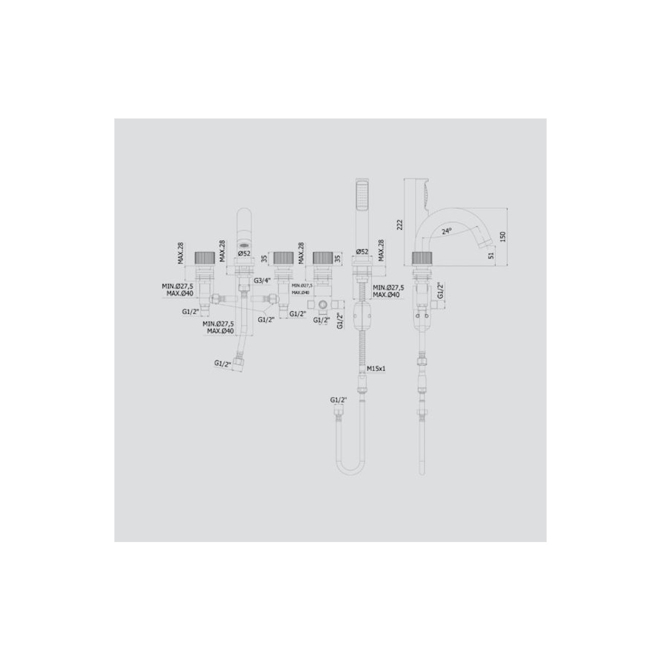 PAFFONI - Jo, Batteria bordo vasca con deviatore