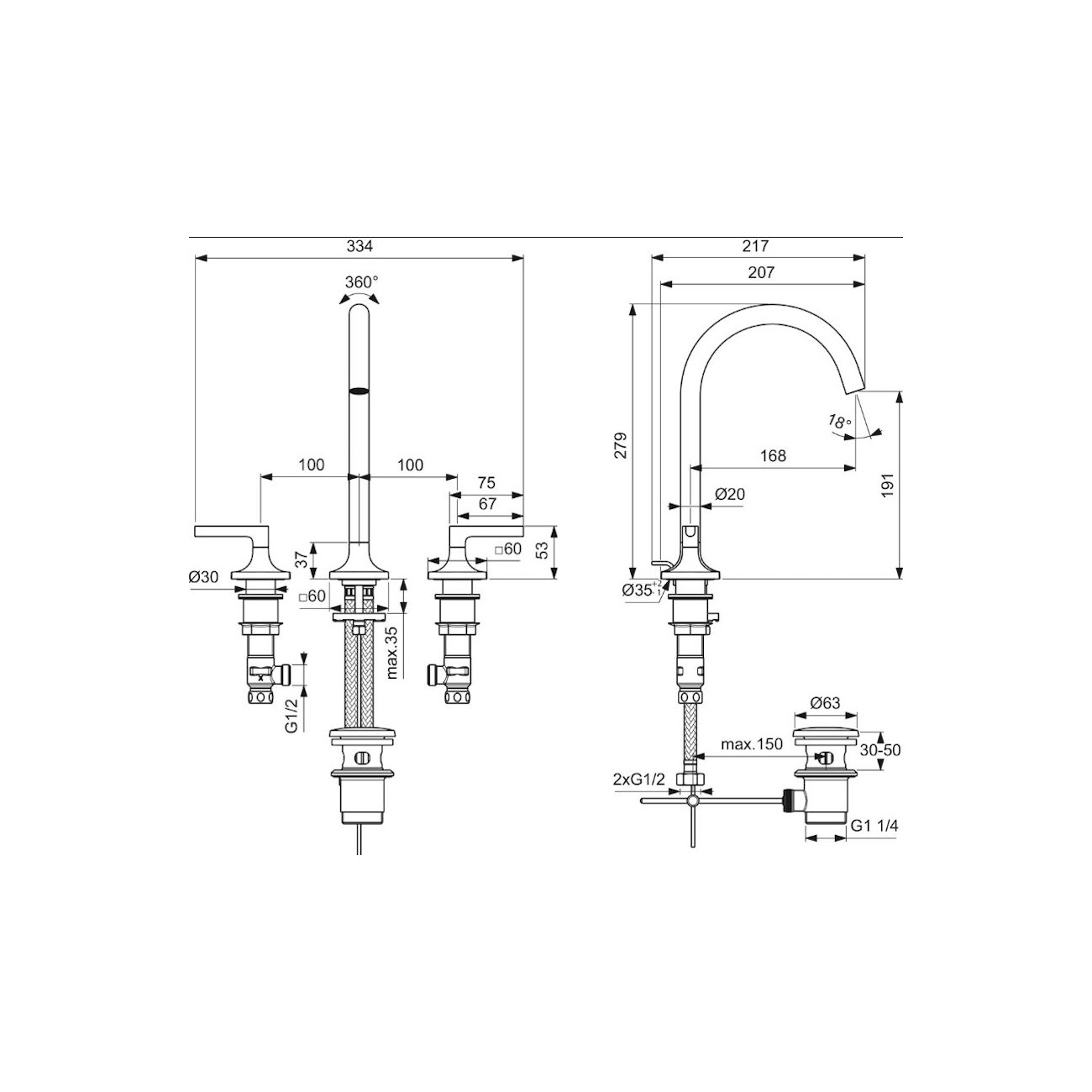 IDEAL STANDARD - JOY NEO Miscelatore a due leve per lavabo tre fori con maniglie lineari