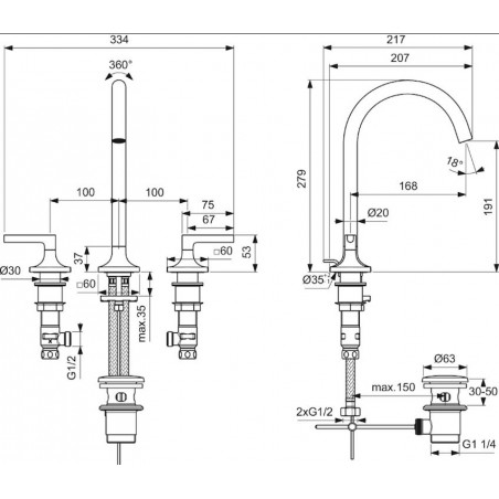 IDEAL STANDARD - JOY NEO Miscelatore a due leve per lavabo tre fori con maniglie lineari