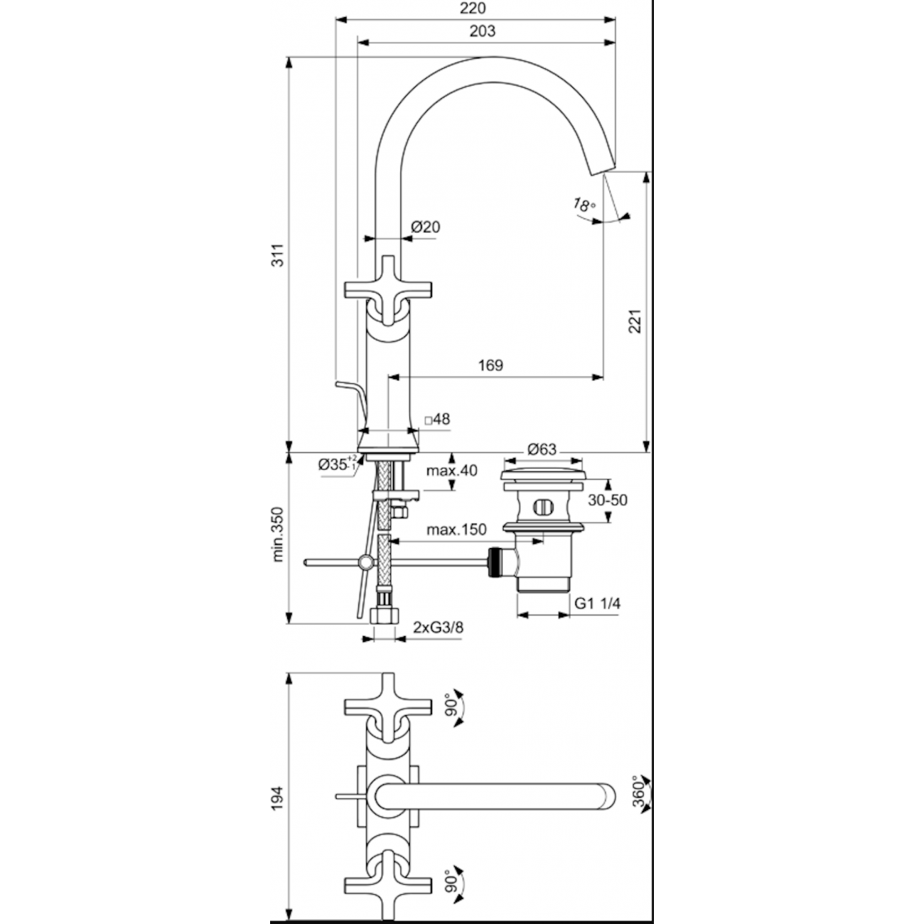 IDEAL STANDARD - JOY NEO Miscelatore a due leve per lavabo monoforo con maniglie a croce