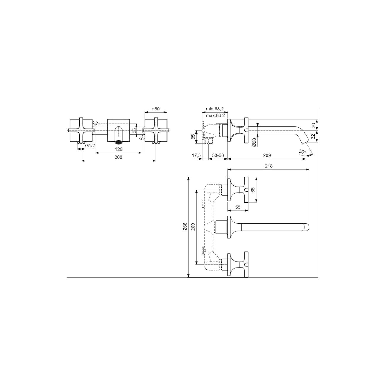 IDEAL STANDARD - JOY NEO  Miscelatore lavabo a due leve per installazione a parete con maniglie a croce