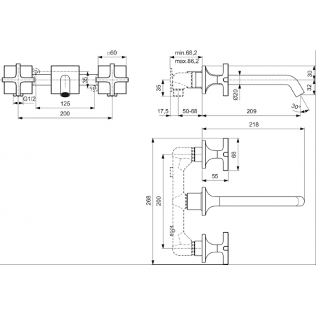 IDEAL STANDARD - JOY NEO  Miscelatore lavabo a due leve per installazione a parete con maniglie a croce