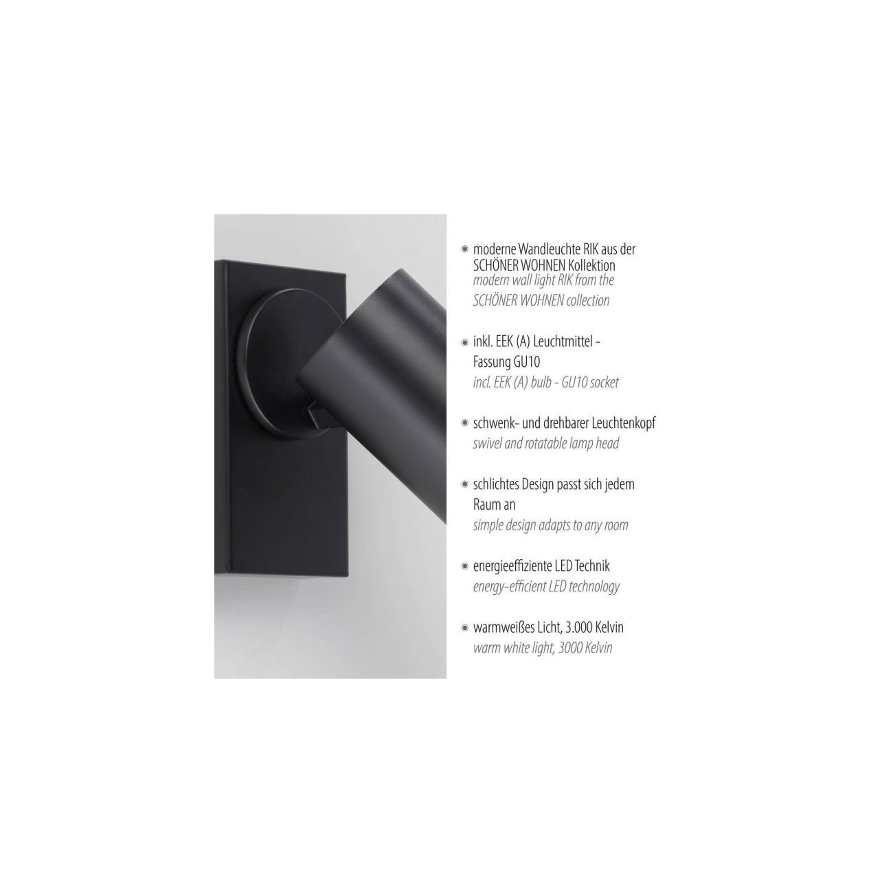 Schöner Wohnen LED lampada da parete e soffitto RIK, nero, a luce singola