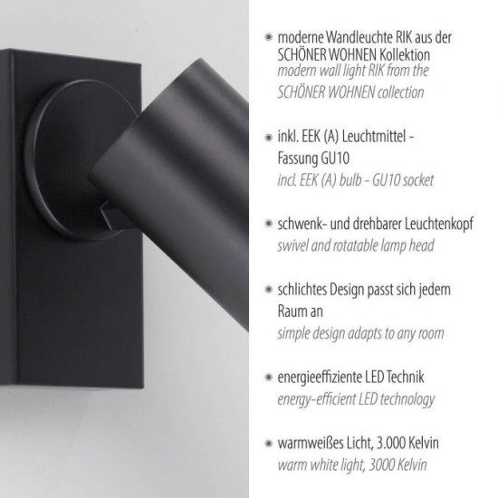 Schöner Wohnen LED lampada da parete e soffitto RIK, nero, a luce singola