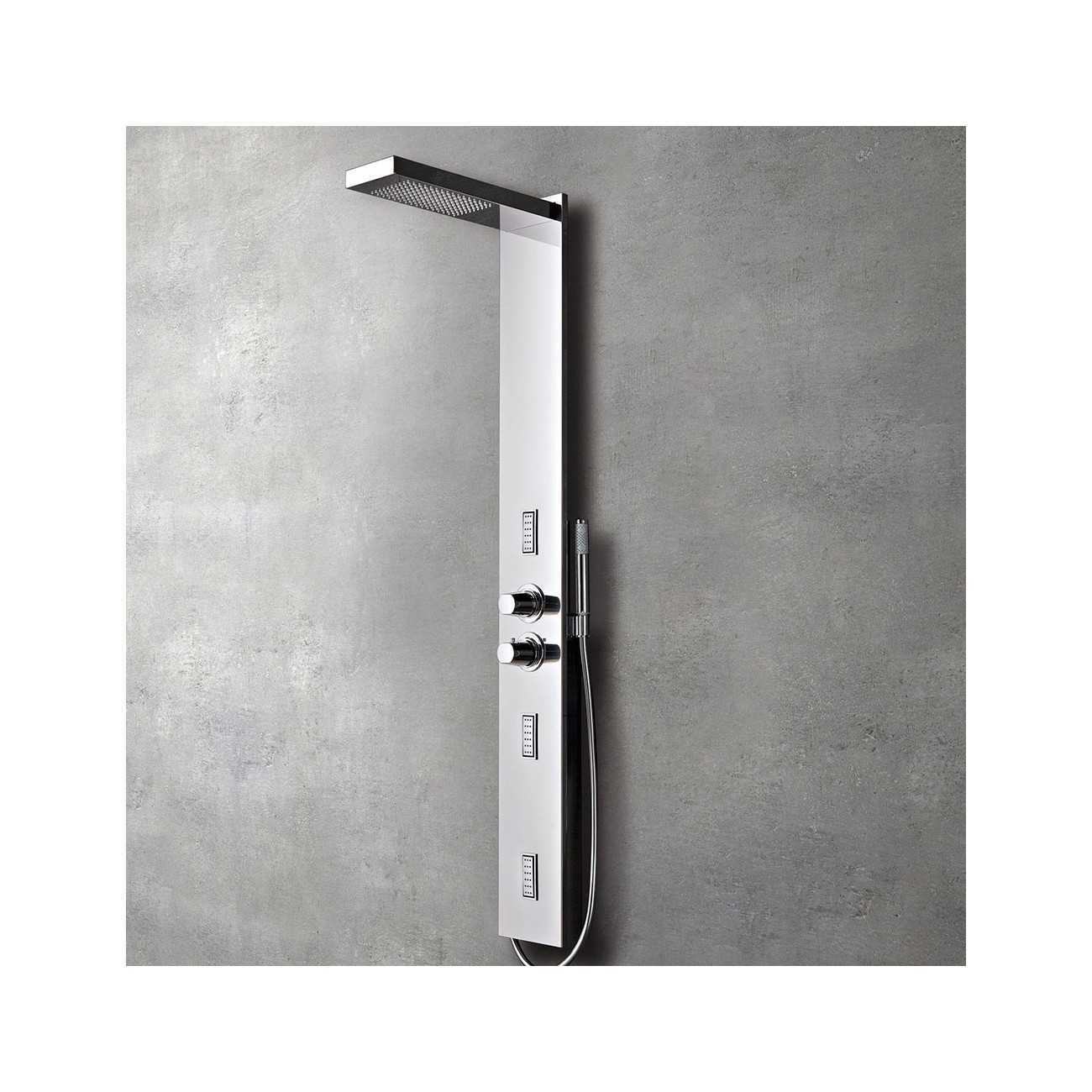 Glass 1989 Flair shower panel with Integrated headshower  stainless steel structure brilliant finish.